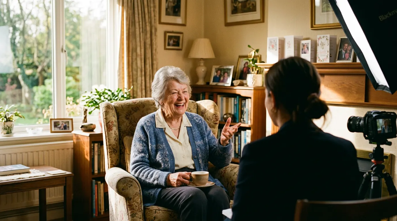 An elderly woman laughing as she tells a story to an interviewer in her living room