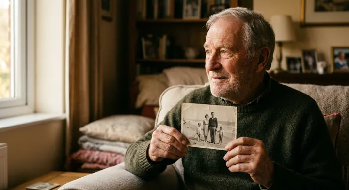 An older man holding an old family photograph as he speaks