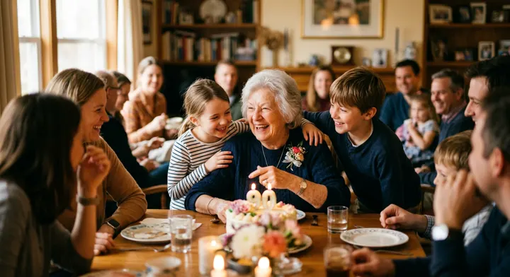 A grandmother laughing with her grandchildren at a 90th birthday celebration