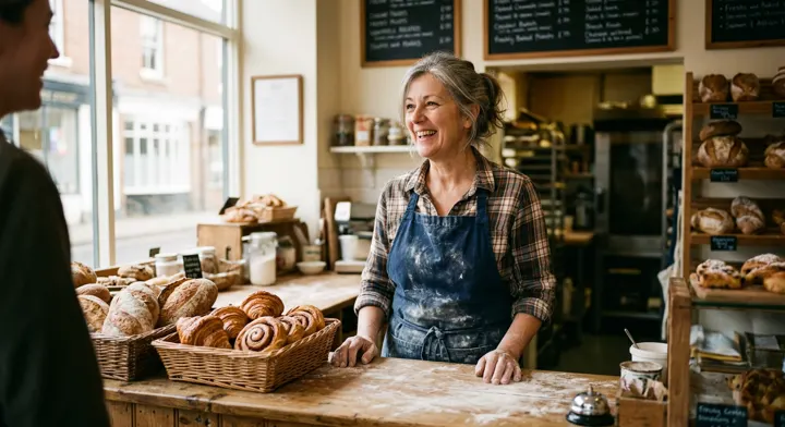 A smiling bakery owner standing behind her counter